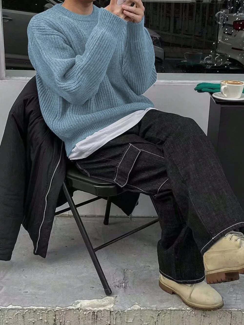 Dusty Blue Casual Men's Long Sleeve Drop Shoulder Crew Neck Pullover Sweater